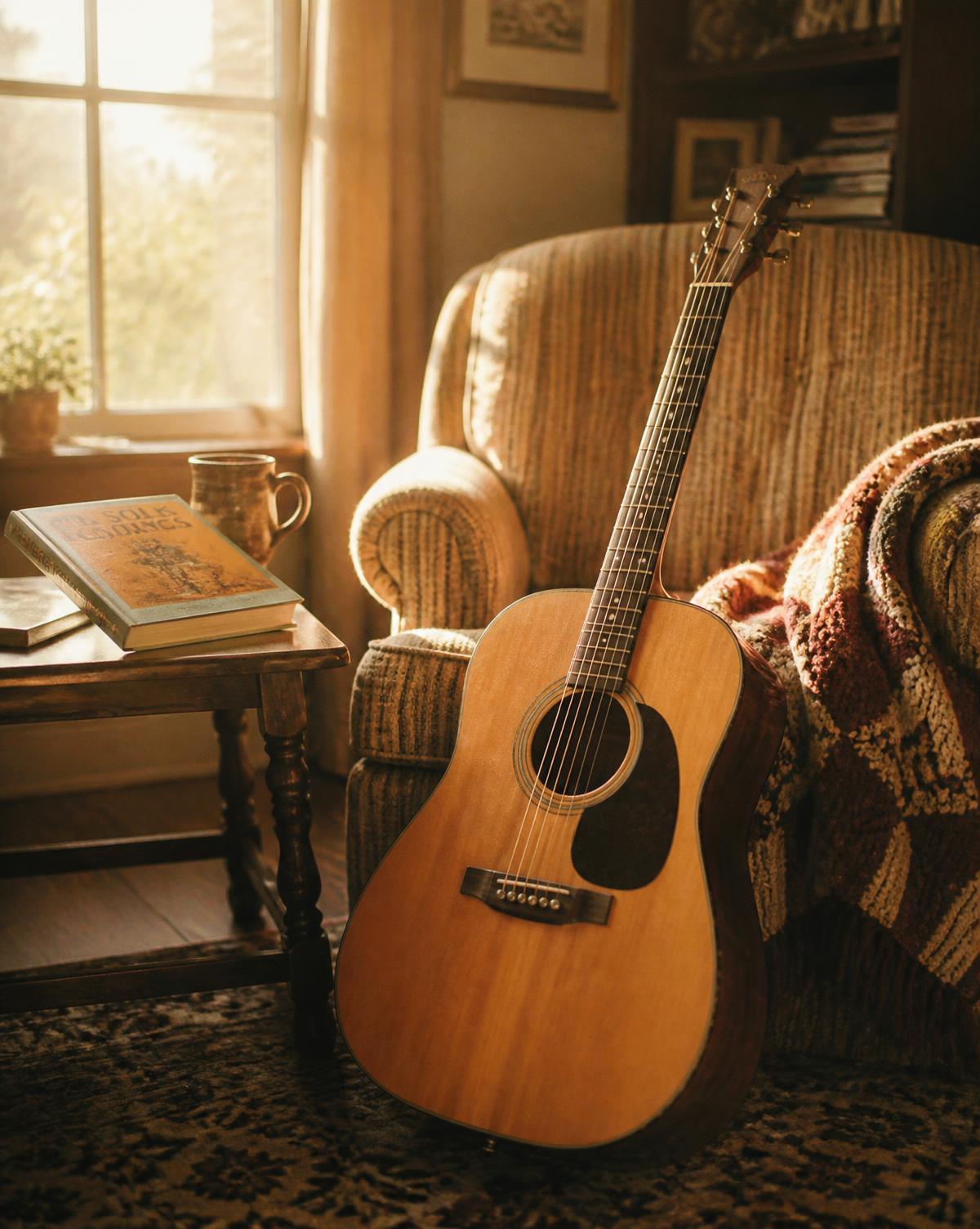 An acoustic guitar leaning against an armchair in a sunlit room with a songbook nearby