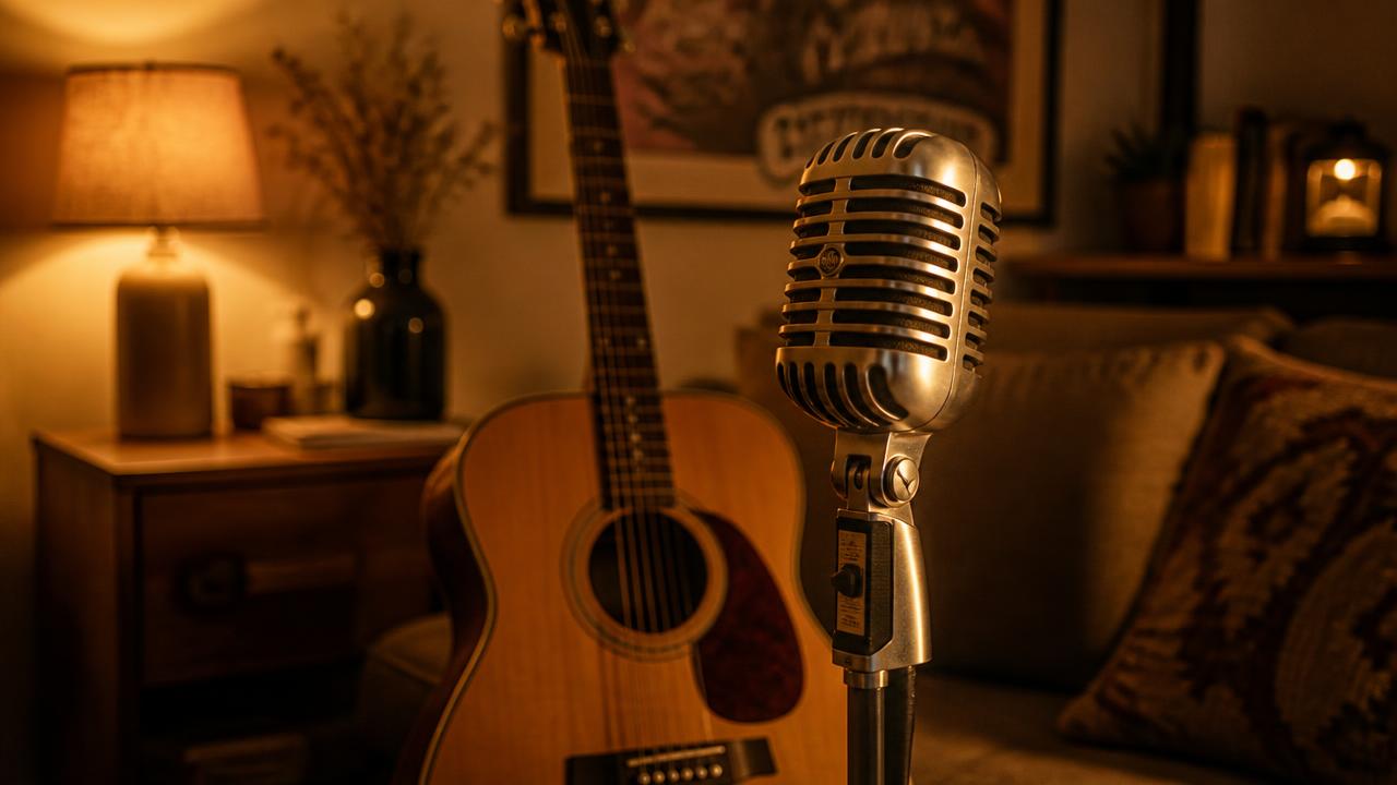 Acoustic guitar and microphone set up for a live performance